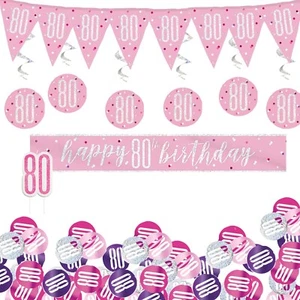 80th Birthday Party Decorations Pink Bunting Banner Swirls Candle Confetti - Picture 1 of 6