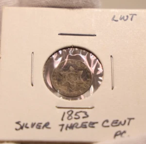1853 US 3 Cent Silver (Trime) Fine (Dark,Slight Corrosion) - Picture 1 of 3