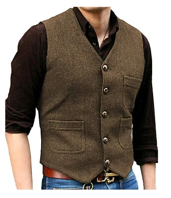 Chaleco de tweed para hombre de lana espiga vaquero occidental formal chalecos informales grandes XL 2XL Foto 1 de 4