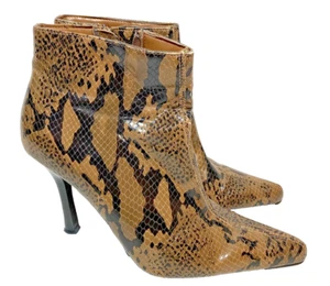 Anne Michelle Dress Ankle Boots Heels Womens Snake Skin Brown Faux Leather Sz 7 - Picture 1 of 11