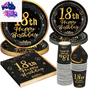 96 Pcs Happy 18Th Birthday Tableware Set, Black and Gold Paper Plates Cups and N - Picture 1 of 12