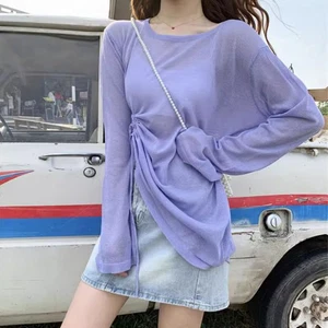 Lady Sheer T-shirt Tops Blouse Shirt Long Sleeve Retro Fashion Casual Basic Soft - Picture 1 of 16