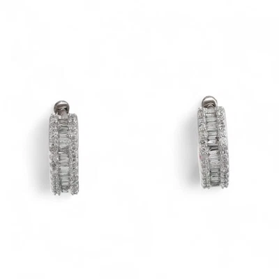 Diamond Huggie Earrings 14K White Gold 0.50 TW Round Baguette Diamonds 0.40" - Image 1 of 4