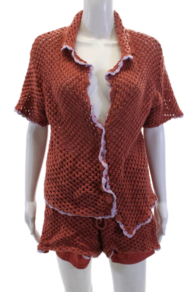 MINKPINK Mujer Algodón Tejido Abierto Manga Corta Top Conjunto Corto Marrón Talla M Foto 1 de 4