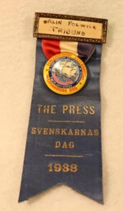 PRESS NAME PLATE RIBBON BUTTON SVENSKARNAS DAG JULY 17 1938 TWIN CITIES MINN - Picture 1 of 6