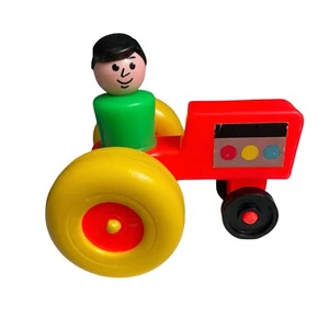 Vintage Fisher Price orange gelber Traktor mit Aufklebern und grünen Papa schwarzen Haaren - Bild 1 von 6