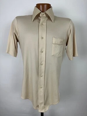 VTG 70s JCPenney Ultressa Disco Shirt Men S Tight Stretchy Beige Short Sleeve - Image 1 of 4
