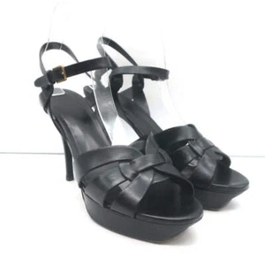 Saint Laurent Tribute 75 Platform Sandals Black Leather Size 40 T-Strap Heels - Picture 1 of 19