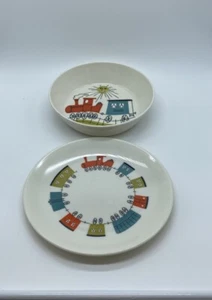Vintage MCM Ornamin Children's Trains Train Plastic Plate & Bowl HTF Melamine - Picture 1 of 6