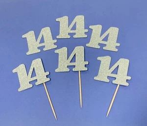 14th Birthday Silver Glitter Cupcake Toppers Number 14 Cake Decorations Picks - Picture 1 of 1