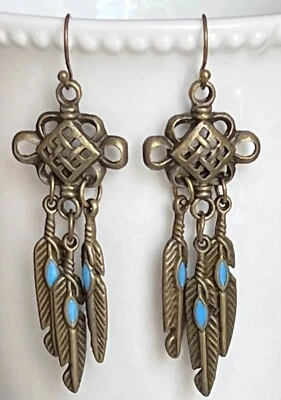Pendientes Boho Chic Pluma Bronce y Turquesa. Western. País. Free Spirit Foto 1 de 3