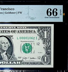 GEM 2009 $1 FEDERAL RESERVE NOTE-LOW SERIAL # 00001062 PMG #66 EPQ UNC - Picture 1 of 4