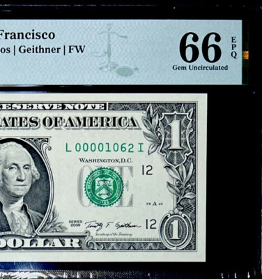 GEM 2009 $1 FEDERAL RESERVE NOTE-LOW SERIAL # 00001062 PMG #66 EPQ UNC - Image 1 of 4
