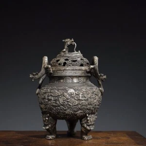 9.2"Chinese Buddhism Pure copper Gilt silver Tripod Longer fungus Incense burner - Picture 1 of 9