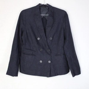 Uniqlo 100% Linen Blazer Jacket Womens Size Large Black Double Breasted Career - Picture 1 of 9