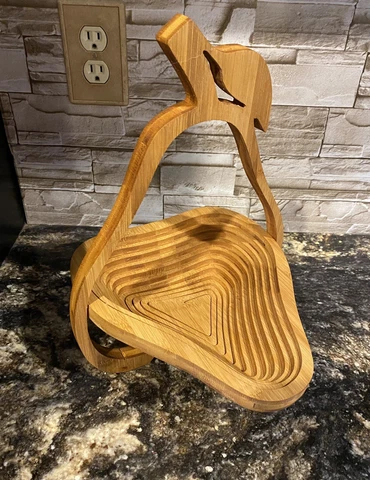Wooden Pear Shaped Collapsible Basket Trivet Carved Fruit Bowl Spiral Cut Decor Cover