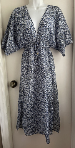 Abito copricostume Tory Burch misto seta scollo a V floreale blu manica kimono XS *difetto