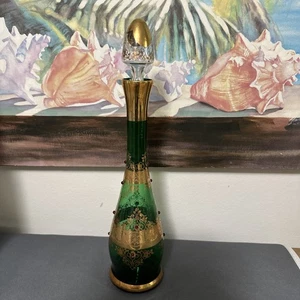 Vintage Venetian Italian Emerald Green Gold Glass Decanter Stopper - Picture 1 of 10