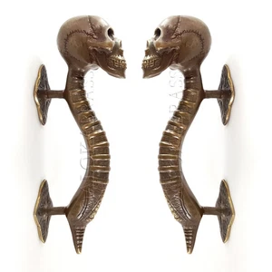 2 SKULL handle DOOR PULL spine solid BRASS old look vintage style aged 210mm - Picture 1 of 18