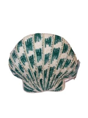 Coastal Collection Beaded Seashell Accent Pillow Beach Ocean Decor Teal Ivory - Image 1 of 4