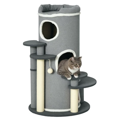 PAWHUT Katzen Kratzbaum 99 cm Kratztonne Katzenbaum mit Katzenbett, Spielball, Grau