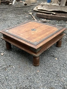 18th Antique Old Teak Wooden Hand Carved  Iron Work Royal Bajot Coffee Table - Picture 1 of 13
