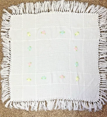 VTG Small Creations Made In Italy Hand Knit Satin Ribbon Fringed Baby Blanket - Image 1 of 4