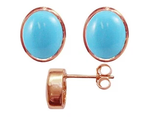 9ct Rose Gold Natural Turquoise Oval Stud Earrings 3.00ct Studs British Made - Picture 1 of 5