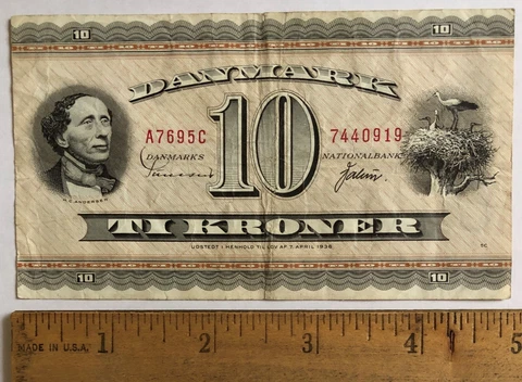 1969 Denmark 10 Kroner Banknote - P# 44 - A7 Series Cover