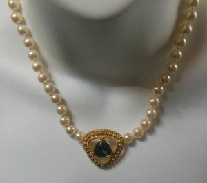 Vintage Swarovski Swan Logo Faux Pearl Necklace W/Blue Crystal Pendant - Picture 1 of 4