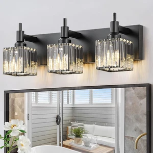 Black Crystal Bathroom Vanity Light 3-Light Modern Bathroom Lighting Fixtures ov - Picture 1 of 7