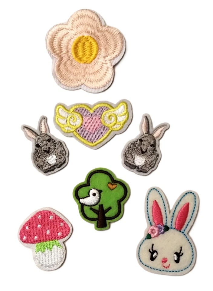  Easter  Patch Set of 7 Iron On Embroidered BunnyFlower Heart Tree Mushroom - Image 1 of 1
