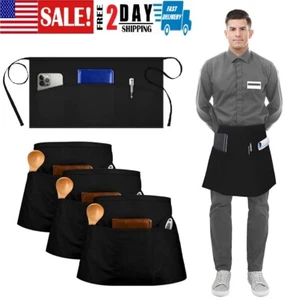 3× Half Bib Waist Apron 3 Pocket Waitress Waiter Server Workwear Apron Unisex US - Picture 1 of 12