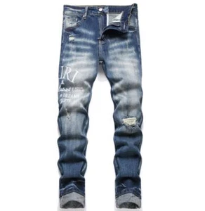 Men's Light Blue Denim Jeans Ripped Letter Decor Hip Hop Punk Pants Trousers - Picture 1 of 10