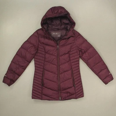 Chaqueta Abrigo Eddie Bauer Para Mujer Relleno de Plumón con Capucha Talla Mediana Ciruela Cremallera Completa Foto 1 de 4