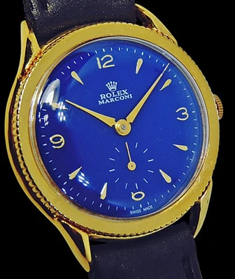 Reloj DE COLECCIÓN ROLEX Marconi esfera azul chapado en oro 18k borde moneda caja escalonada 38mm Foto 1 de 4