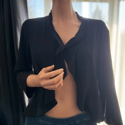 Kathy Roberts Black Ruffle Shrug Bolero Crop Open Front Jacket Size L - Image 1 of 4
