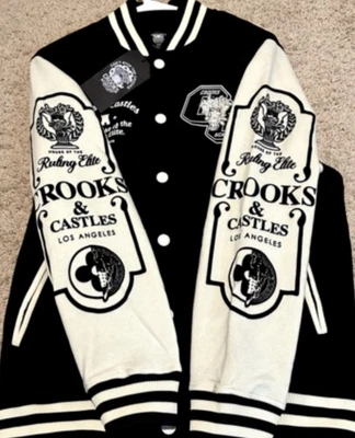 Chaqueta Universitaria Crooks And Castles Ruling Elite Negra Crema Hombres Talla Grande A Presión Foto 1 de 4