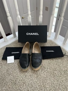 Chanel Black Lambskin Leather Espadrilles Size 38 US 8 - Picture 1 of 11