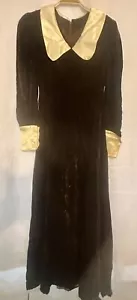 Vintage Crushed Velvet Chocolate Brown White Satin Collar Cuffs Dress Gown 40s - Picture 1 of 6