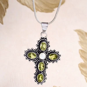 Faceted Peridot & Moonstone Gemstone Jewelry 925 Sterling Silver Cross Pendant - Picture 1 of 8