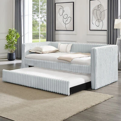 Twin Size Daybed, Upholstered sofa bed,The bottom pulls out to form a bed ,Strip - Image 1 of 4