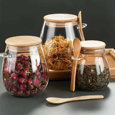NEW Sugar Jar with Lid Spoon Airtight Glass Jar Sugar Bowl with Wooden Lid - Image 1 of 4