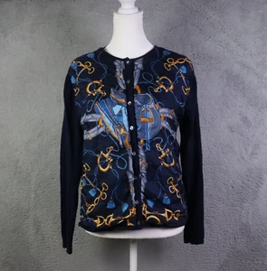 J McLaughlin Sweater Womens Medium Blue Equestrian Chain Horse Print Button - Picture 1 of 9