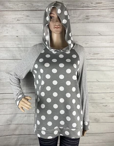 Oddy Hoodie Medium Gray White Polka Dot Striped Raglan Thin Knit Polyester Blend - Picture 1 of 12