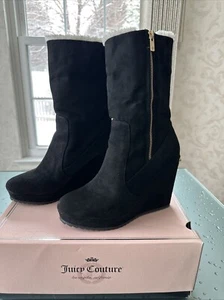 JUICY COUTURE Jckasia Black Suede Fur Lining Mid Calf Wedge Boot Sz 10 - Picture 1 of 7