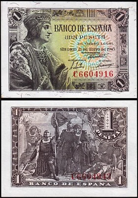 Spain Espana 1 Peseta 1943, UNC, P-126, King Fernando - Image 1 of 3