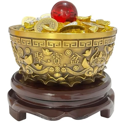 Cuenco del tesoro de latón con base giratoria de madera + 10 piezas moneda/lingote de cobre cit... Foto 1 de 4