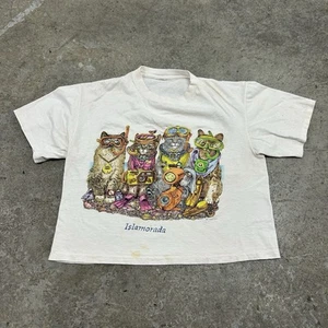 Vintage Cat Shirt Adult Medium White Art Crop Top Double Sided Funny Scuba Cats - Picture 1 of 11