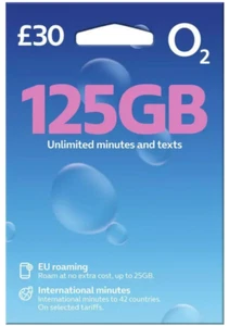 New O2 125GB Data Sim Unlimited Calls & Unlimited Texts +25 Countires - Zdjęcie 1 z 1
